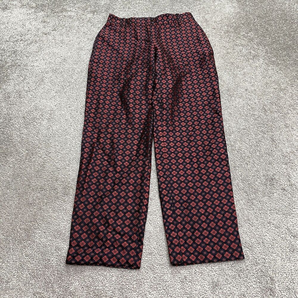 J.Crew Shiny Dress Pants Trouser Womens 00 Red Black Geometric Straight 25x26.5